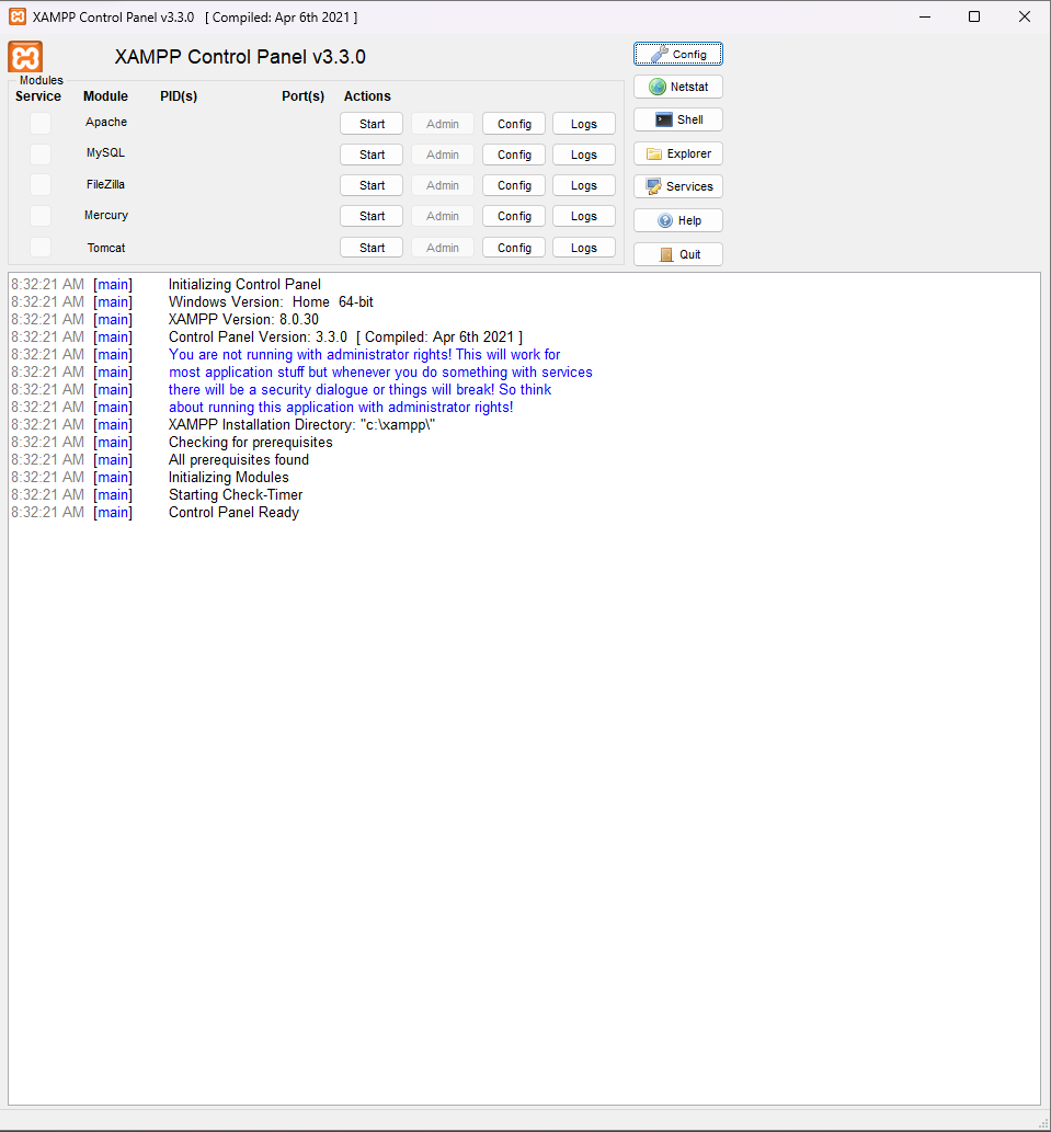 XAMPP Control Panel with Apache